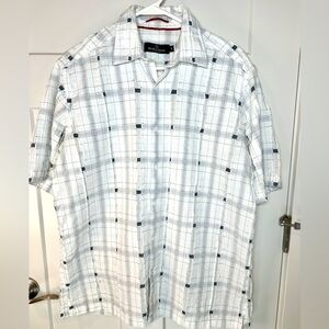 Bugatchi Uomo Men’s M Textured Windowpane Plaid Button Shirt White/Gray